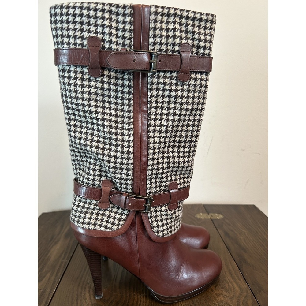 Cole Haan Kennedy Tall Boot Brown Leather‎ Gray/Brown Hound Stooth Wool